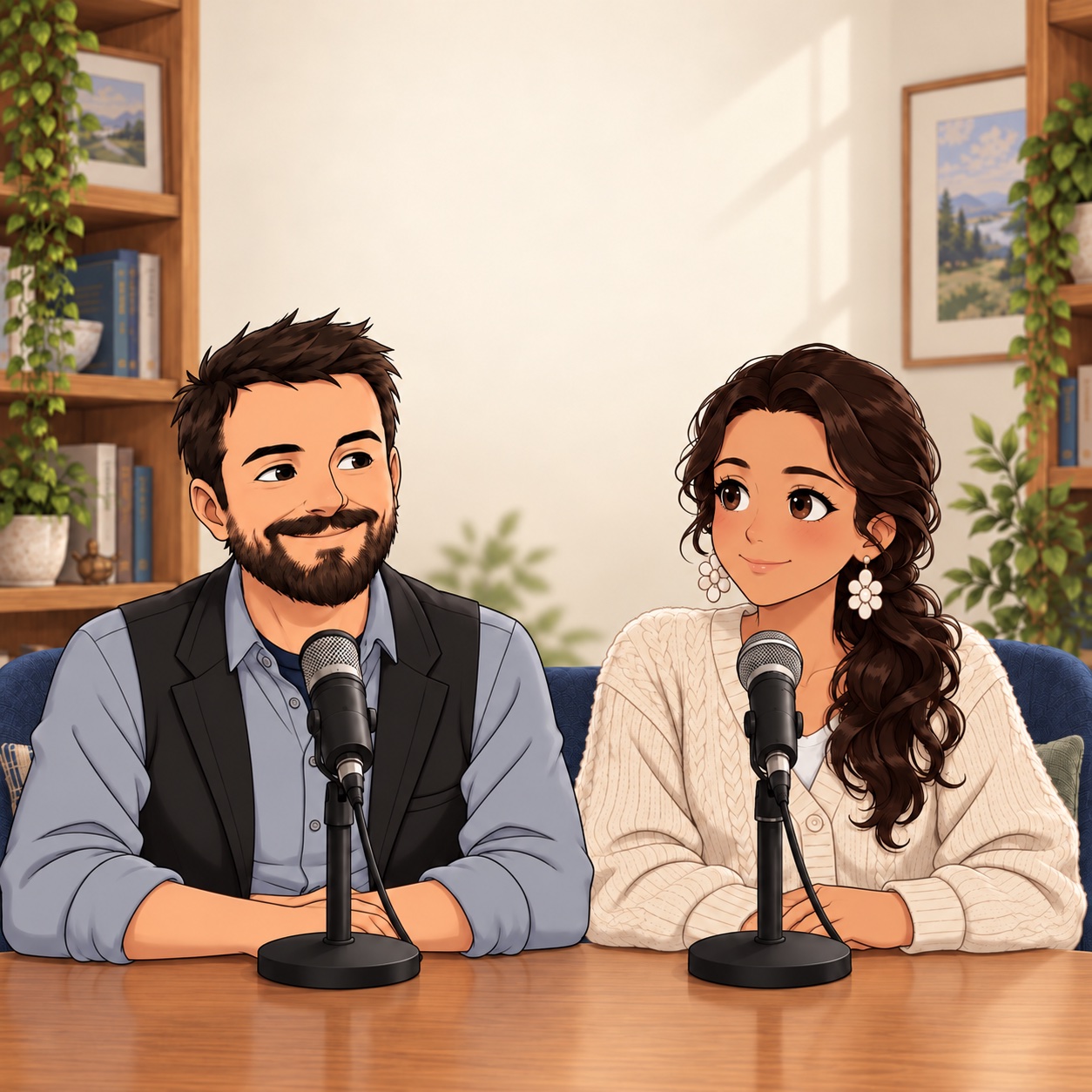 Illustrated hosts Matt and Val sitting together at their podcast microphones